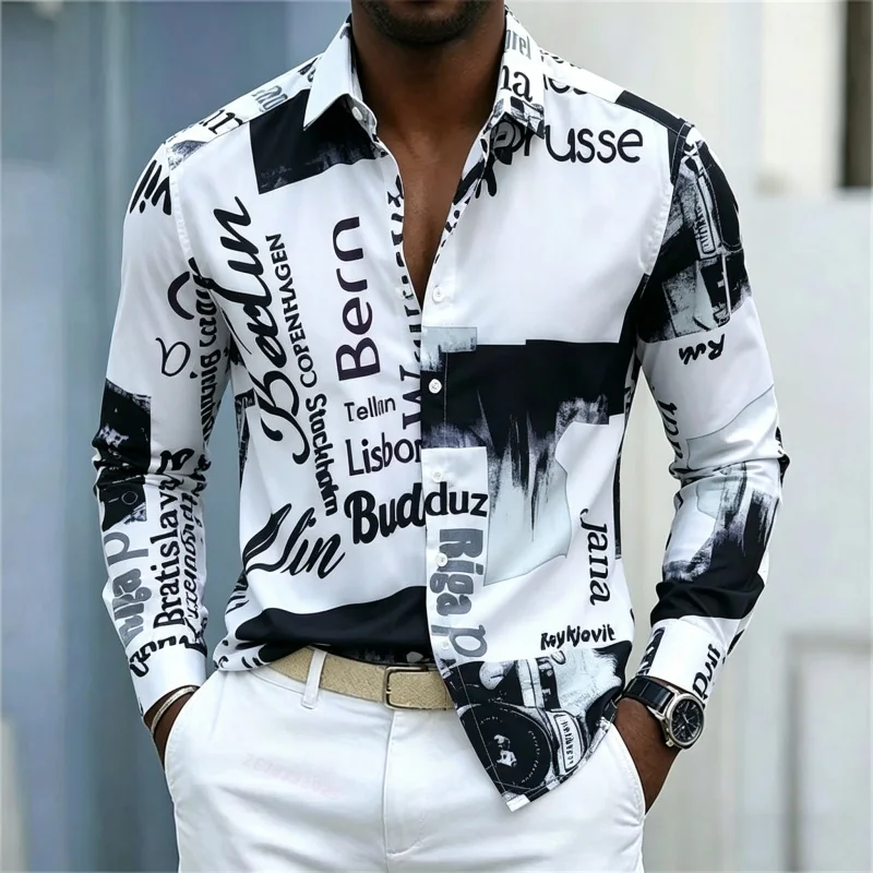 Fashion Streetwear - Męska koszula z nadrukiem, z długim